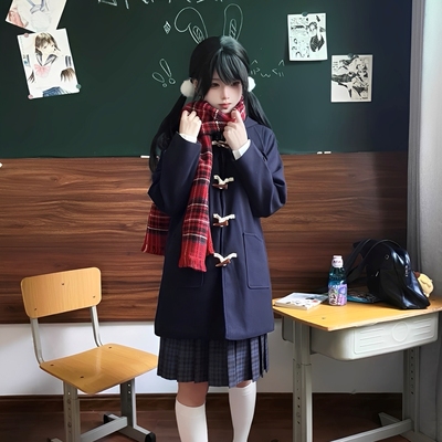 JK制服牛角扣毛呢子大衣女冬季日系学院风小个子中长款加厚外套