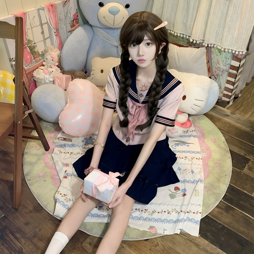 原创正版JK制服水手服套装日系学院风粉色收腰短袖上衣女夏季