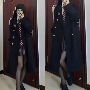 冬季JK制服黑色呢子大衣女日系赫本学院风小个子中长款毛呢外套