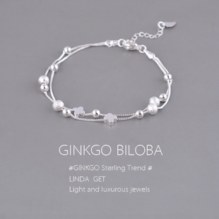 925纯银四叶草双层手链女夏季百搭银珠手镯韩版幸运草手饰ins刻字