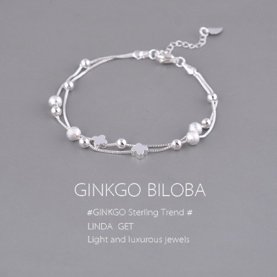 925纯银四叶草双层手链女夏季百搭银珠手镯韩版幸运草手饰ins刻字