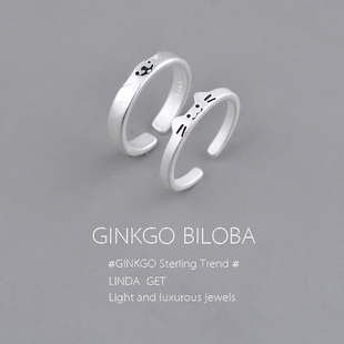 925纯银猫咪小狗情侣对戒女简约可爱开口戒指素圈指环送女友刻字