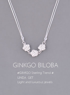 925纯银双层玫瑰花朵项链女森系三朵吊坠清新夏山茶花锁骨链刻字