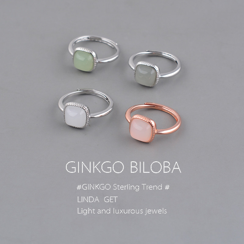 925纯银仿和田玉方糖戒指女复古轻奢小众指环复古优雅开口指刻字