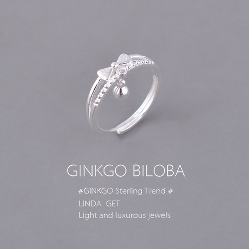 s925纯银戒指在逃公主指环素银甜美蝴蝶结铃铛双层食指戒学生刻字