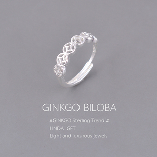 925纯银钱多多戒指女单个高级轻奢小众开口可调节铜钱食指环刻字