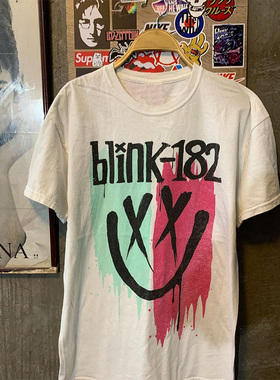 Blink 182摇滚朋克乐队眨眼笑脸圆领印花oversize白色短袖T恤男女