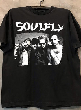 Soulfly飞灵乐队vintage复古摇滚人像周边短袖男女嘻哈宽松T恤潮