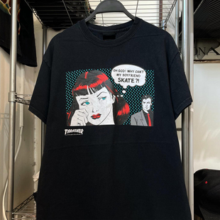 Thrasher经典火焰滑板漫画风潮牌短袖T恤y2k直喷美式重磅情侣半袖