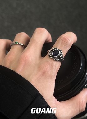 泰银古法宝石戒指男小众设计开口可调潮流嘻哈食指戒复古指环女士