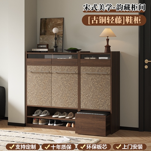 实木鞋柜中古风家用入户门口新型爆款大容量一体靠墙收纳柜定制