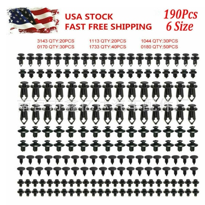 190pcs 6种尺寸汽车紧固件ABS铆钉推杆夹挡泥板保险杠塑料卡扣