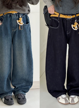 爱木橦童装2025冬季新款女童韩版裤子一体绒加绒弯刀裤牛仔裤7820