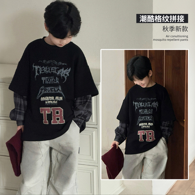 大E小e中大童格子拼接假两件卫衣