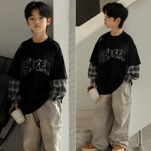 大E小e童装2026春装新款男童女童帅气假两件T恤儿童长袖上衣5630