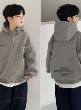 布芮欧童装2025冬装新款男童女童上衣拼接帽衫儿童加绒卫衣86619