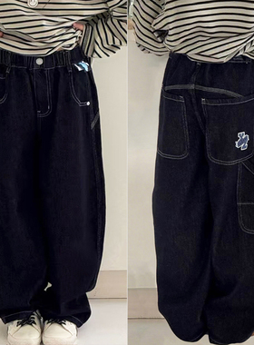 大E小e童装秋装新款男童女童街舞裤子儿童原色阔腿老爹牛仔裤8558
