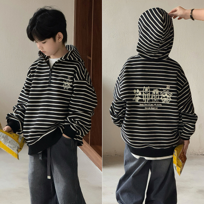 大E小e中大童条纹刺绣连帽卫衣潮
