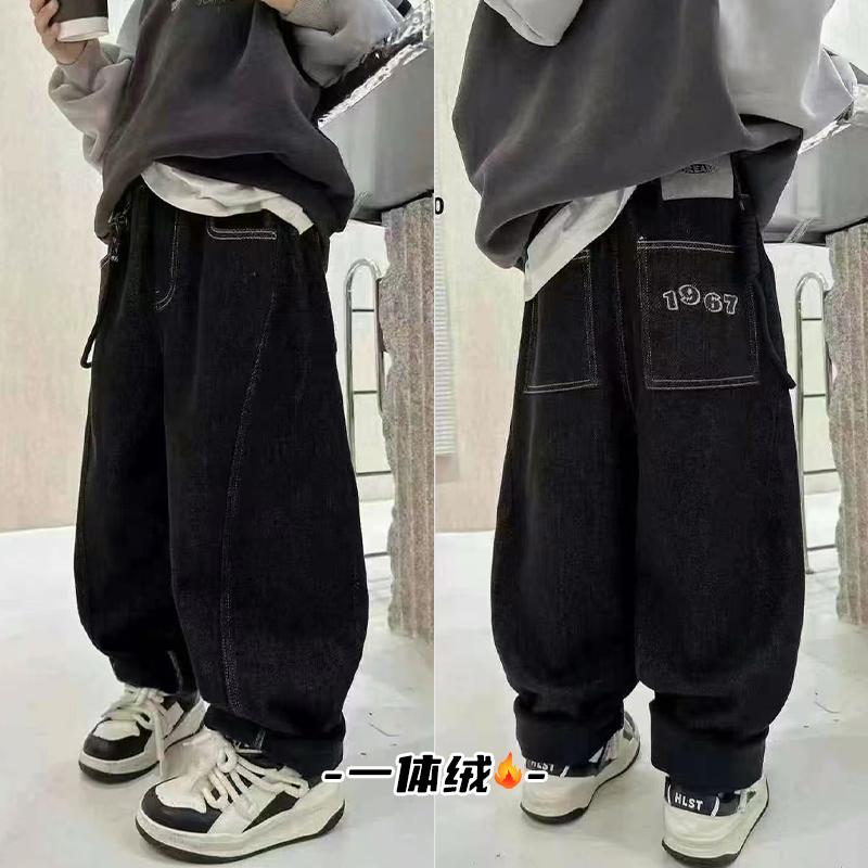 嗨大E小e冬宽松原色一体绒牛仔裤