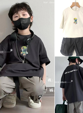 嗨大E小e童装夏季新款男童女童宽松小鸟简约印花T恤潮酷短袖8202