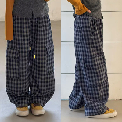 爱木橦男女童休闲直筒格子加绒裤