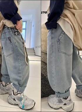 大E小e童装春秋装新款男童女童洋气牛仔长裤中大童老爹裤潮99126