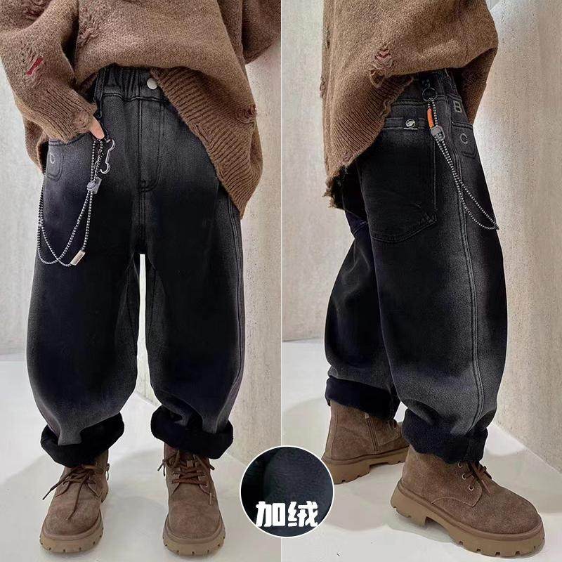 童乐鱼挂链一体绒牛仔裤加绒裤