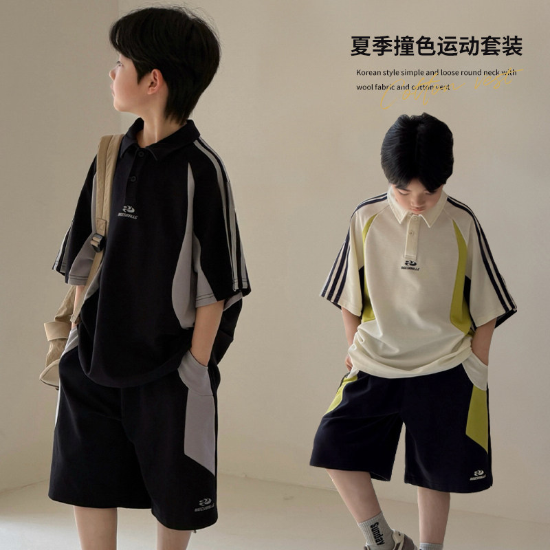 大E小e童装26夏季新款男童女童撞色运动套装儿童翻领短袖中裤3803