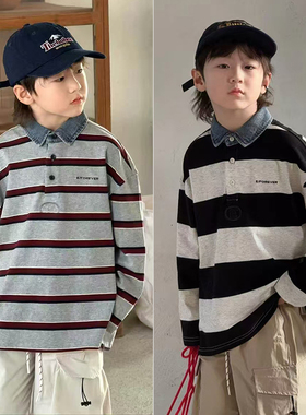 大E小e童装春新款男童女童牛仔拼接POLO衫韩版卫衣T恤上衣25030
