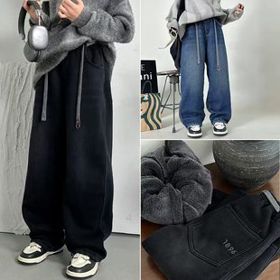 爱木橦一条过冬新款儿童加绒裤子男童女童仿羊驼绒直筒牛仔裤7323