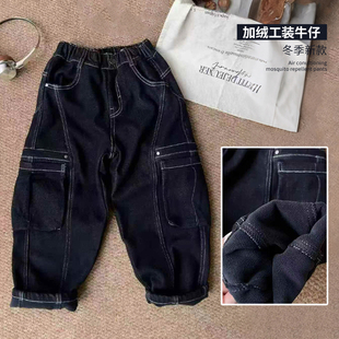 大E小e童装25冬季新款男童女童工装牛仔裤儿童加绒裤子一体绒8725