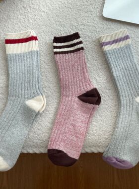 YouSocks撞色粗针堆堆袜加厚中筒袜简约款条纹长袜纯棉透气潮袜