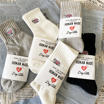 秋冬human made袜子男女日系潮袜加厚纯棉刺绣中筒运动毛巾底长袜
