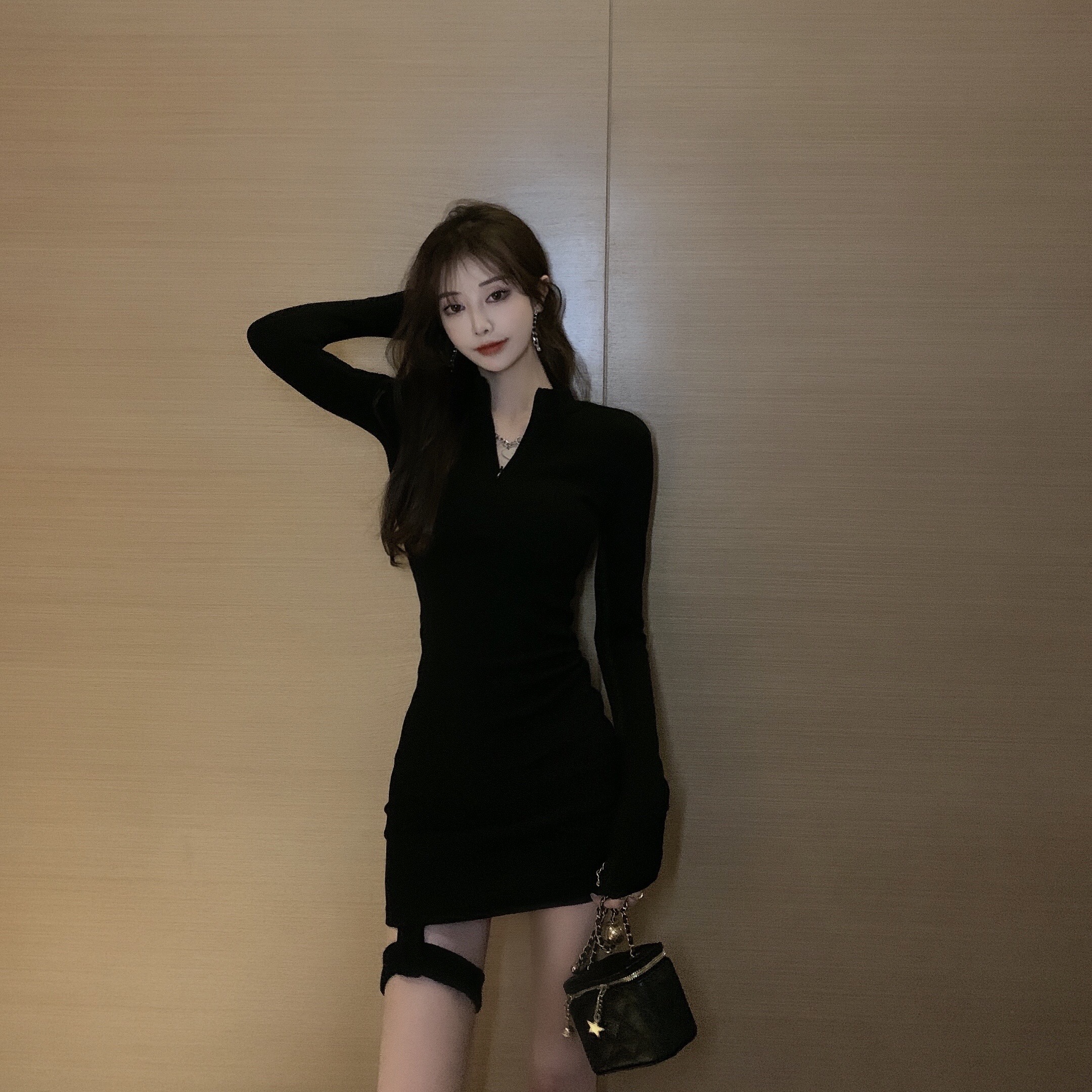 Real price Korean slim stretch solid zipper dress