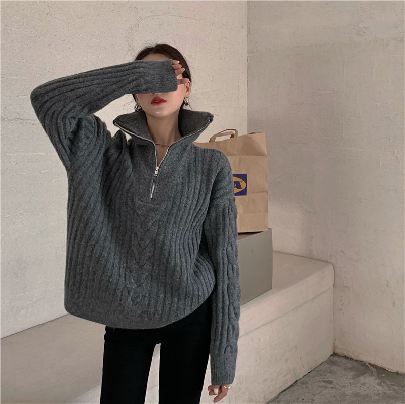 Real price Korean loose zipper high neck sweater lazy twist Knitted Top
