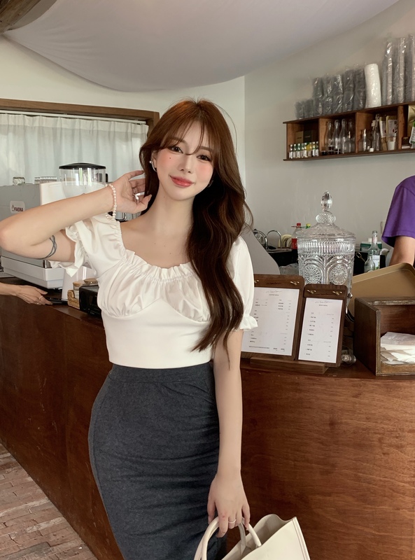 French Square Collar Chiffon silk stitching slim fit short sleeve top