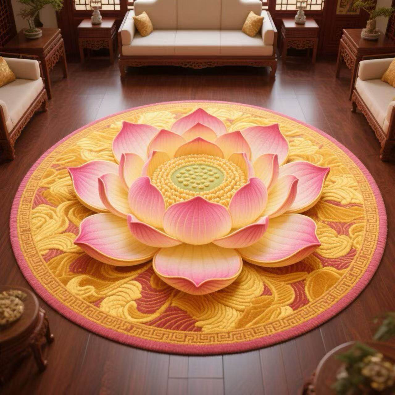 地毯莲花跪拜圆形立体水晶绒禅意打坐莲花地垫佛前毯子佛系礼佛垫