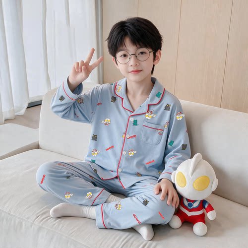 儿童睡衣2026秋季新款棉布空调服翻领男童家居服套装Z25310T
