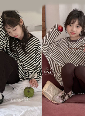 潮牌koala正品！保真！亲子男女童加厚暖绒材质条纹圆领打底衫T恤
