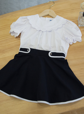 法J家新~女童中国梭织薄棉花瓣领白色短袖衬衫上衣大摆半身裙