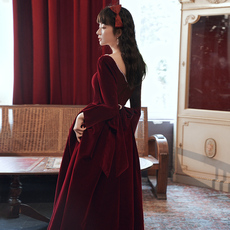 Вечерние платья 敬酒服新娘2020新款冬季长袖酒红色丝绒结婚长款晚礼服女气质显瘦
