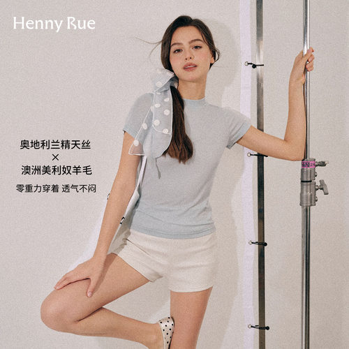 HENNY RUE亨尼露天丝羊毛短袖T恤女夏轻薄透气圆领修身外穿