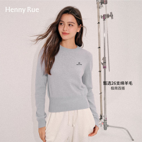 HENNY RUE亨尼露轻熟简约风圆领羊毛衫女套头短款针织衫毛衣