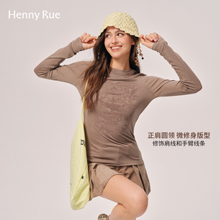 HENNY RUE亨尼露莱赛尔天丝植绒印花长袖T恤女修身显瘦百搭打底衫