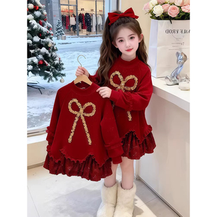 拜年服女童新年连衣裙冬装儿童加绒卫衣红色裙子女孩冬季过年战袍