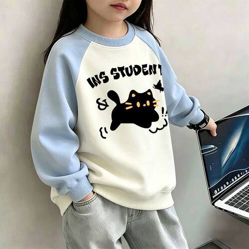 女童卫衣新款中大童洋气保暖上衣女孩卡通印花边领儿童圆领卫衣