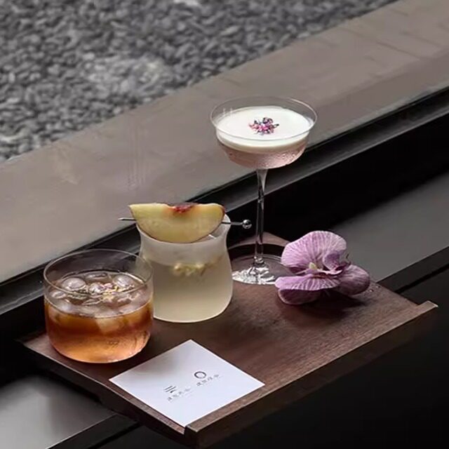 中式一豆三喝带孔木托盘玻璃杯套装意式浓缩陶瓷咖啡杯拿铁饮品杯