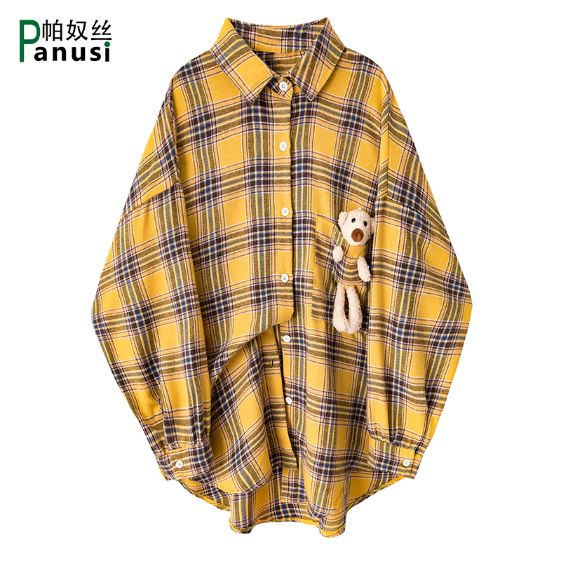 设计感格子衬衫女长袖可爱小熊秋季新款复古港味宽松中长款衬衣潮