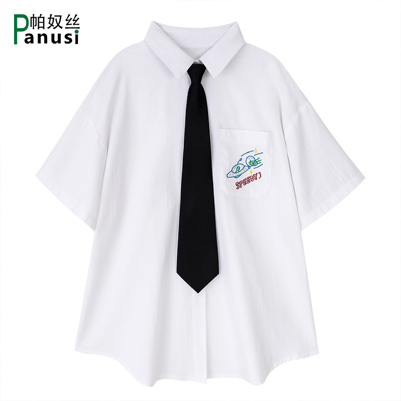 2020春夏新款日系学生文艺范白色衬衫女宽松短袖学院风配领带衬衣