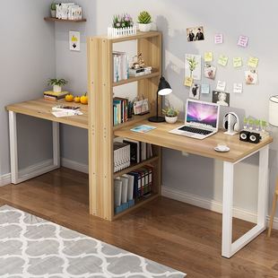 家用电脑桌书柜书桌一体桌书架组合经济型学生写字桌 简易双人台式